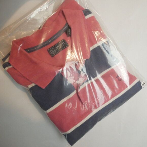 Arrow Men's Size L Allover Wide-Stripe Pique Polo Shirt Desert Rose / Navy - Picture 11 of 11